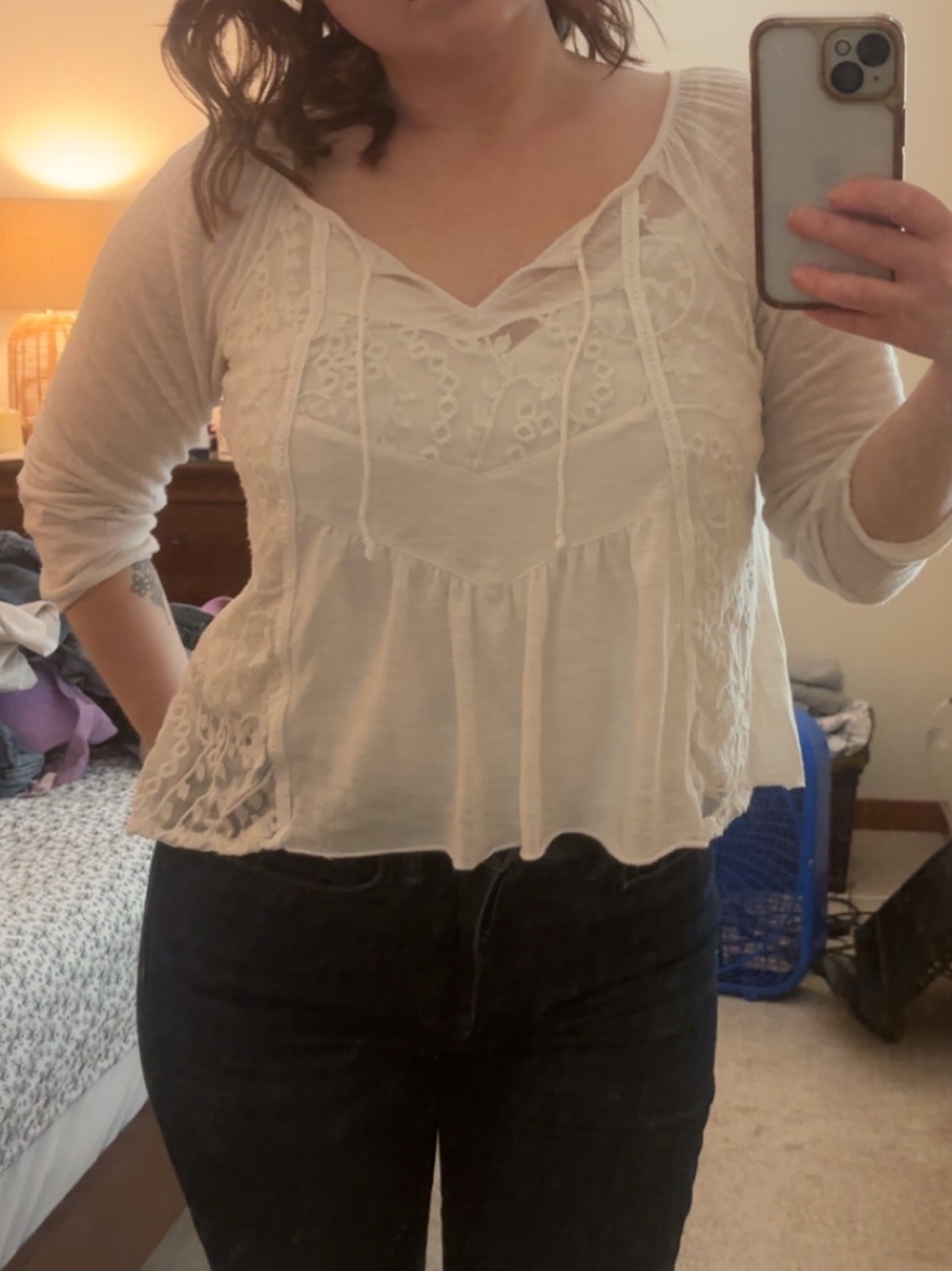 Vintage American Eagle Outfitters White Lace-Trim Peasant Top